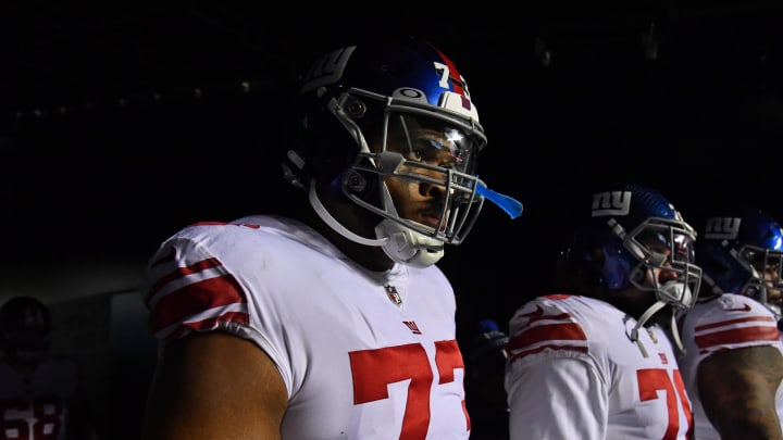 Jan 21, 2023; Philadelphia, Pennsylvania, USA; New York Giants offensive tackle Evan Neal (73) in the tunnel before game against the Philadelphia Eagles during an NFC divisional round game at Lincoln Financial Field.  