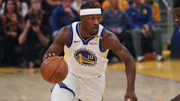 May 10, 2025; San Francisco, California, USA; Golden State Warriors forward Jimmy Butler III (10) dribbles upcourt against the Minnesota Timberwolves in the first quarter during game three of the second round for the 2025 NBA Playoffs at Chase Center. Mandatory Credit: David Gonzales-Imagn Images