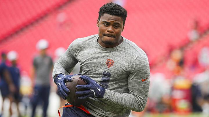 Aug 22, 2024; Kansas City, Missouri, USA; Chicago Bears wide receiver John Jackson III (26) warms up prior to a game against the Kansas City Chiefs at GEHA Field at Arrowhead Stadium. Mandatory Credit: Jay Biggerstaff-Imagn Images
