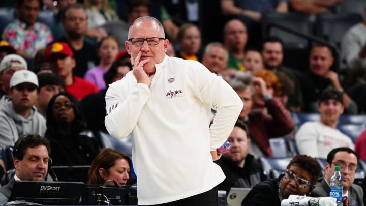 Mar 24, 2024; Memphis, TN, USA; Texas A&M Aggies head coach Buzz Williams reacts in the first half against the Houston Cougars in the second round of the 2024 NCAA Tournament at FedExForum. Mandatory Credit: John David Mercer-USA TODAY Sports