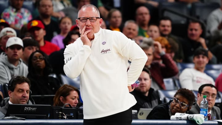 Mar 24, 2024; Memphis, TN, USA; Texas A&M Aggies coach Buzz Williams reacts in the first half against the Houston Cougars in the second round of the 2024 NCAA Tournament at FedExForum. 