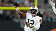 Nov 23, 2025; Paradise, Nevada, USA; Cleveland Browns quarterback Shedeur Sanders (12) throws the ball against the Las Vegas Raiders in the second half at Allegiant Stadium. Mandatory Credit: Kirby Lee-Imagn Images