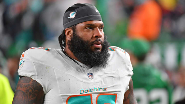 Miami Dolphins offensive lineman Isaiah Wynn against the Philadelphia Eagles at Lincoln Financial Field last season.