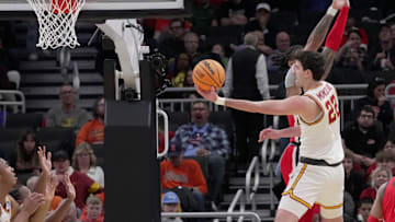 Iowa State forward Milan Momcilovic (22) misses a shot during the first half of their second round NCAA men’ s basketball tournament game against Mississippi Sunday, March 23, 2025 at Fiserv Forum in Milwaukee, Wisconsin.