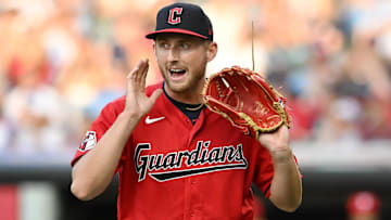 Jul 22, 2023; Cleveland, Ohio, USA; Cleveland Guardians starting pitcher Tanner Bibee (61) shouts to teammates after the end of the third inning against the Philadelphia Phillies at Progressive Field. Mandatory Credit: Ken Blaze-Imagn Images
