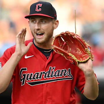 Jul 22, 2023; Cleveland, Ohio, USA; Cleveland Guardians starting pitcher Tanner Bibee (61) shouts to teammates after the end of the third inning against the Philadelphia Phillies at Progressive Field. Mandatory Credit: Ken Blaze-Imagn Images