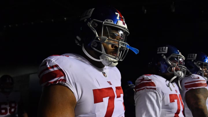 Jan 21, 2023; Philadelphia, Pennsylvania, USA; New York Giants offensive tackle Evan Neal (73) in the tunnel before game against the Philadelphia Eagles during an NFC divisional round game at Lincoln Financial Field.  