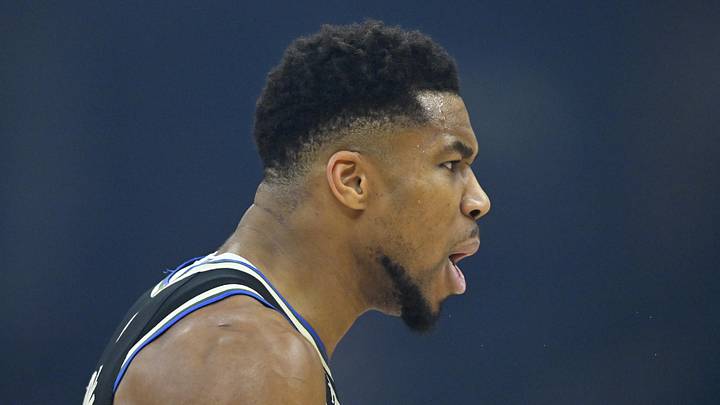 Nov 17, 2025; Cleveland, Ohio, USA; Milwaukee Bucks forward Giannis Antetokounmpo (34) reacts in the first quarter against the Cleveland Cavaliers at Rocket Arena on November 17, 2025.