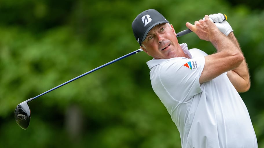 Matt Kuchar tees off during the final round of the 2025 John Deere Classic golf tournament. 