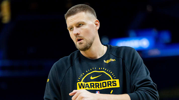 Mar 10, 2026; San Francisco, California, USA; Golden State Warriors center Kristaps Porzingis (7) warms up before the game at Chase Center. Mandatory Credit: Bob Kupbens-Imagn Images