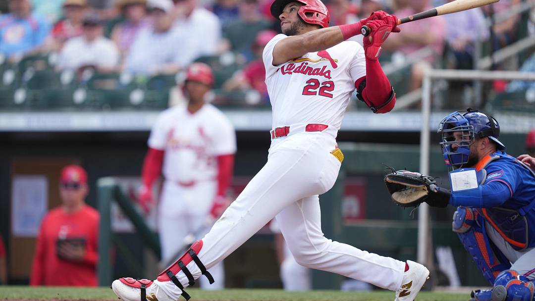Mar 7, 2026; Jupiter, Florida, USA;  St. Louis Cardinals right fielder Joshua Baez (22) hits a home run in the second inning against the New York Mets at Roger Dean Chevrolet Stadium. Mandatory Credit: Jim Rassol-Imagn Images