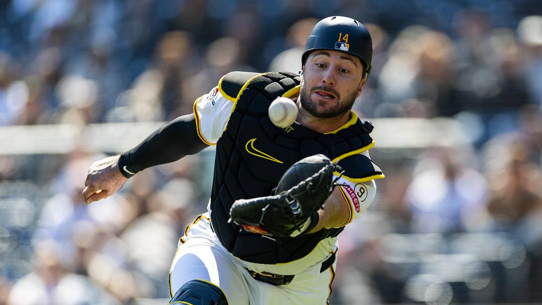 Apr 8, 2026; Pittsburgh, Pennsylvania, USA; Pittsburgh Pirates catcher Joey Bart (14) dives and misses a foul ball by the San Diego Padres during the ninth inning at PNC Park. Mandatory Credit: Scott Galvin-Imagn Images Apr 8, 2026; Pittsburgh, Pennsylvania, USA; Pittsburgh Pirates catcher Joey Bart (14) dives and misses a foul ball by the San Diego Padres during the ninth inning at PNC Park. Mandatory Credit: Scott Galvin-Imagn Images