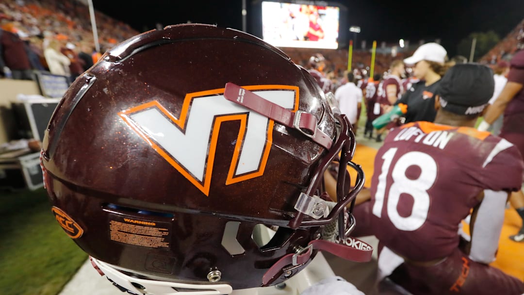 Oct 9, 2021; Blacksburg, Va; A Virginia Tech helmet on the bench during the second half against Notre Dame.