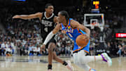 Mar 2, 2025; San Antonio, Texas, USA;  Oklahoma City Thunder forward Jalen Williams (8) dribbles against San Antonio Spurs guard De'Aaron Fox (4) in the second half at Frost Bank Center. Mandatory Credit: Daniel Dunn-Imagn Images