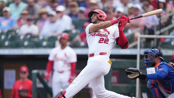 Mar 7, 2026; Jupiter, Florida, USA;  St. Louis Cardinals right fielder Joshua Baez (22) hits a home run in the second inning against the New York Mets at Roger Dean Chevrolet Stadium. Mandatory Credit: Jim Rassol-Imagn Images