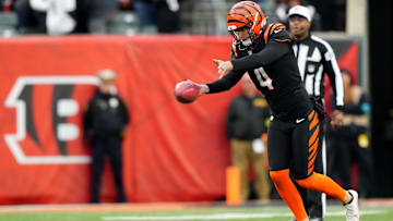 Jan 8, 2023; Cincinnati, Ohio, USA; Cincinnati Bengals punter Drue Chrisman (4) punts during the