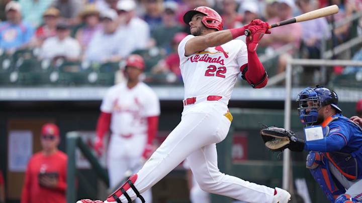 Mar 7, 2026; Jupiter, Florida, USA;  St. Louis Cardinals right fielder Joshua Baez (22) hits a home run in the second inning against the New York Mets at Roger Dean Chevrolet Stadium. Mandatory Credit: Jim Rassol-Imagn Images