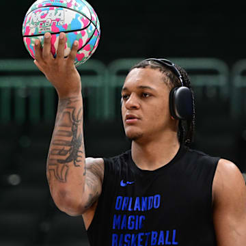 Apr 10, 2024; Orlando Magic forward Paolo Banchero (5) warms up before game against the Milwaukee Bucks at Fiserv Forum.