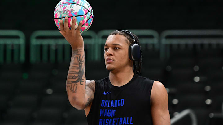 Apr 10, 2024; Orlando Magic forward Paolo Banchero (5) warms up before game against the Milwaukee Bucks at Fiserv Forum.