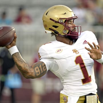 Sep 2, 2024; Tallahassee, Florida, USA; Boston College Eagles quarterback Thomas Castellanos (1) warms up before the game against the Florida State Seminoles at Doak S. Campbell Stadium. Mandatory Credit: Melina Myers-USA TODAY Sports