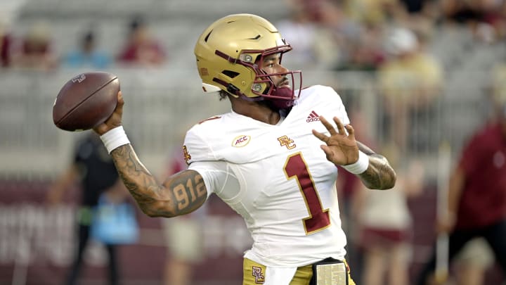 Sep 2, 2024; Tallahassee, Florida, USA; Boston College Eagles quarterback Thomas Castellanos (1) warms up before the game against the Florida State Seminoles at Doak S. Campbell Stadium. Mandatory Credit: Melina Myers-USA TODAY Sports