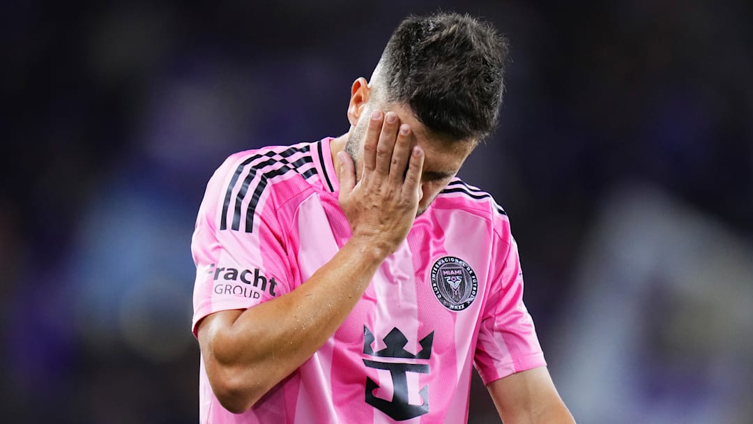 Inter Miami CF left wing back Jordi Alba rubs his face in frustration Sunday during the Herons' 4-1 loss to intrastate rival Orlando City SC.