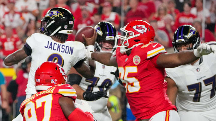 Sep 5, 2024; Kansas City, Missouri, USA; Kansas City Chiefs defensive tackle Chris Jones (95) sacks Baltimore Ravens quarterback Lamar Jackson (8) causing a fumble during the first half at GEHA Field at Arrowhead Stadium. Mandatory Credit: Denny Medley-Imagn Images