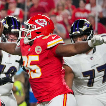 Sep 5, 2024; Kansas City, Missouri, USA; Kansas City Chiefs defensive tackle Chris Jones (95) sacks Baltimore Ravens quarterback Lamar Jackson (8) causing a fumble during the first half at GEHA Field at Arrowhead Stadium. Mandatory Credit: Denny Medley-Imagn Images