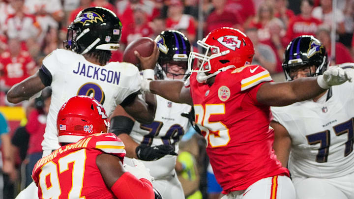 Sep 5, 2024; Kansas City, Missouri, USA; Kansas City Chiefs defensive tackle Chris Jones (95) sacks Baltimore Ravens quarterback Lamar Jackson (8) causing a fumble during the first half at GEHA Field at Arrowhead Stadium. Mandatory Credit: Denny Medley-Imagn Images