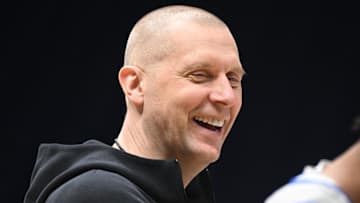 Mar 27, 2025; Indianapolis, IN, USA; Kentucky Wildcats head coach Mark Pope during the NCAA tournament midwest regional practice day at Lucas Oil Stadium. Mandatory Credit: Robert Goddin-Imagn Images