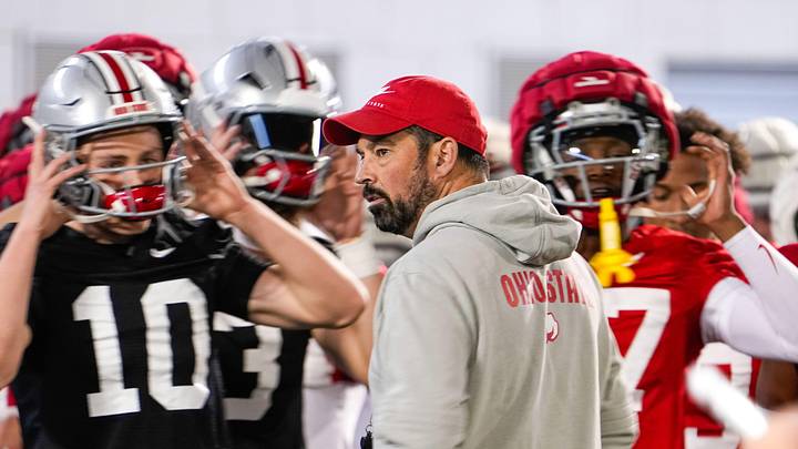 Ohio State Buckeyes head coach Ryan Day speaks to his players during spring football practice at the Woody Hayes Athletic Center on Wednesday, March 19, 2025 in Columbus, Ohio.