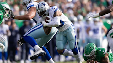 Dec 29, 2024; Philadelphia, Pennsylvania, USA; Dallas Cowboys running back Rico Dowdle (23) runs with the ball against the Philadelphia Eagles during the first quarter at Lincoln Financial Field. Mandatory Credit: Bill Streicher-Imagn Images