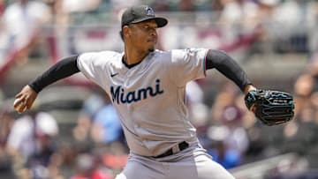 May 29, 2022; Cumberland, Georgia, USA; Miami Marlins starting pitcher Elieser Hernandez (57) pitches against the Atlanta Braves during the second inning at Truist Park. Mandatory Credit: Dale Zanine-USA TODAY Sports