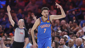 Mar 19, 2025; Oklahoma City, Oklahoma, USA; Oklahoma City Thunder forward Chet Holmgren (7) gestures after scoring against the Philadelphia 76ers during the first quarter at Paycom Center. Mandatory Credit: Alonzo Adams-Imagn Images