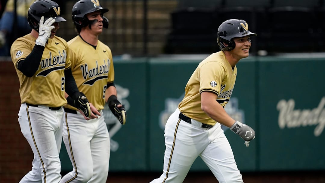 Vanderbilt first baseman Tommy Goodin (47) celebrates his grand slam home run against Eastern Michigan during the first inning at Hawkins Field in Nashville, Tenn., Wednesday, Feb. 18, 2026.
