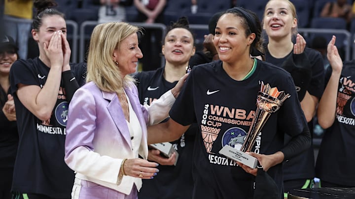 WNBA Commissioner Cathy Englebert gives the WNBA Commissioner’s Cup Championship MVP award to Minnesota Lynx forward Napheesa Collier. WNBA Commissioner Cathy Englebert gives the WNBA Commissioner’s Cup Championship MVP award to Minnesota Lynx forward Napheesa Collier.