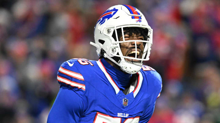 Nov 19, 2023; Orchard Park, New York, USA; Buffalo Bills defensive end Leonard Floyd (56) reacts to getting a sack against the New York Jets in the second quarter at Highmark Stadium. Mandatory Credit: Mark Konezny-USA TODAY Sports