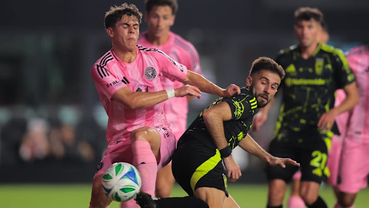 May 31, 2025; Fort Lauderdale, Florida, USA; Columbus Crew defender Mohamed Farsi (23) kicks the ball with a back hill against Inter Miami CF during the second half at Chase Stadium. Mandatory Credit: Sam Navarro-Imagn Images