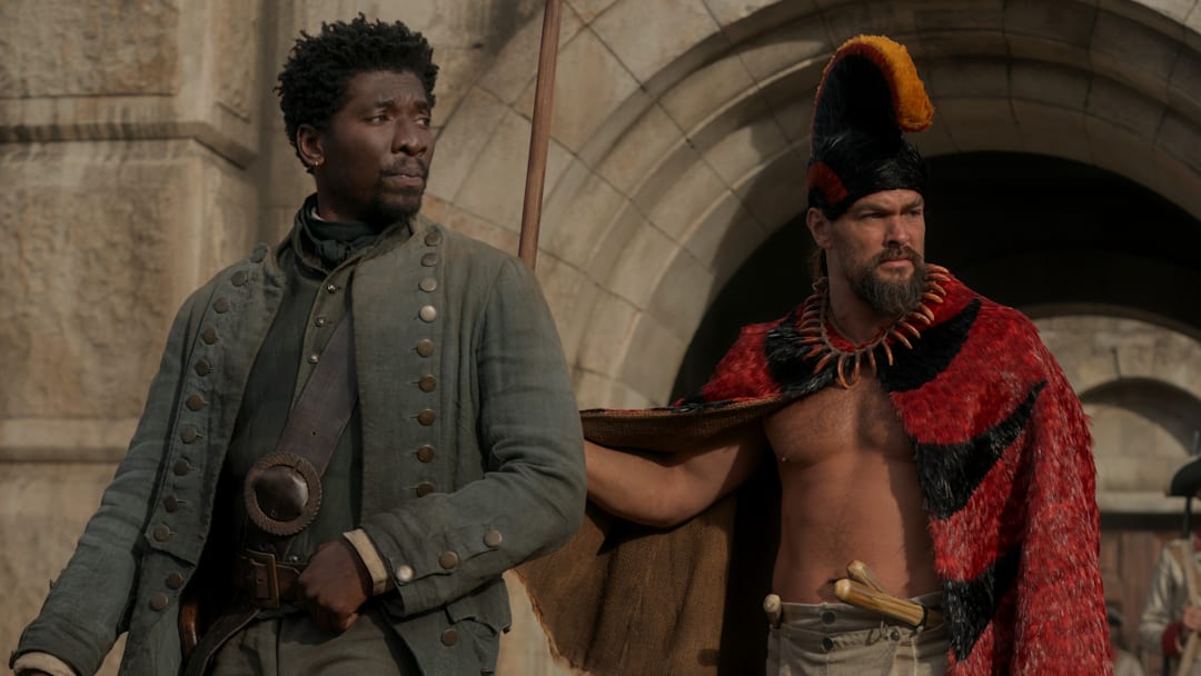 James Udom and Jason Momoa in "Chief of War," now streaming on Apple TV+.