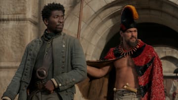 James Udom and Jason Momoa in "Chief of War," now streaming on Apple TV+.