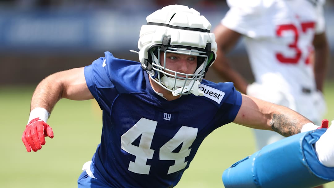 Jul 23, 2025; East Rutherford, NJ, USA; New York Giants running back Cam Skattebo (44) participates in drills during training camp at Quest Diagnostics Training Center. Mandatory Credit: Vincent Carchietta-Imagn Images