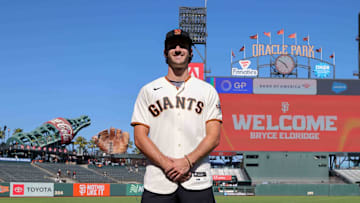 Jul 26, 2023; San Francisco, California, USA; San Francisco Giants 2023 first-round pick Bryce Eldridge before the game against the Oakland Athletics at Oracle Park.