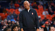 Nov 18, 2025; Syracuse, New York, USA; Syracuse Orange head coach Adrian Autry reacts against the Monmouth Hawks during the second half at the JMA Wireless Dome. Mandatory Credit: Rich Barnes-Imagn Images