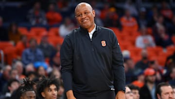 Nov 18, 2025; Syracuse, New York, USA; Syracuse Orange head coach Adrian Autry reacts against the Monmouth Hawks during the second half at the JMA Wireless Dome. Mandatory Credit: Rich Barnes-Imagn Images