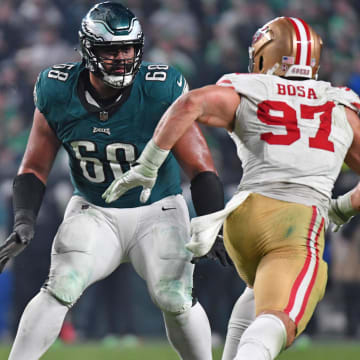 Philadelphia Eagles offensive tackle Jordan Mailata (68) blocks against San Francisco 49ers defensive end Nick Bosa (97) at Lincoln Financial Field. 