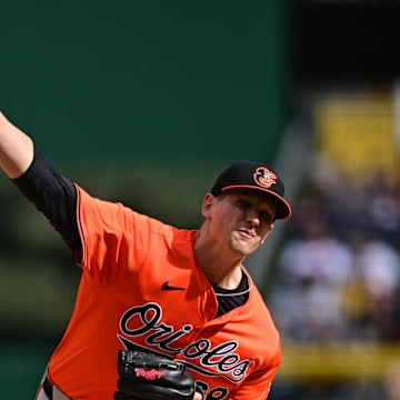 Apr 6, 2024; Pittsburgh, Pennsylvania, USA; Baltimore Orioles pitcher Tyler Wells (68) throws against the Pittsburgh Pirates during the first inning at PNC Park. Mandatory Credit: David Dermer-Imagn Images