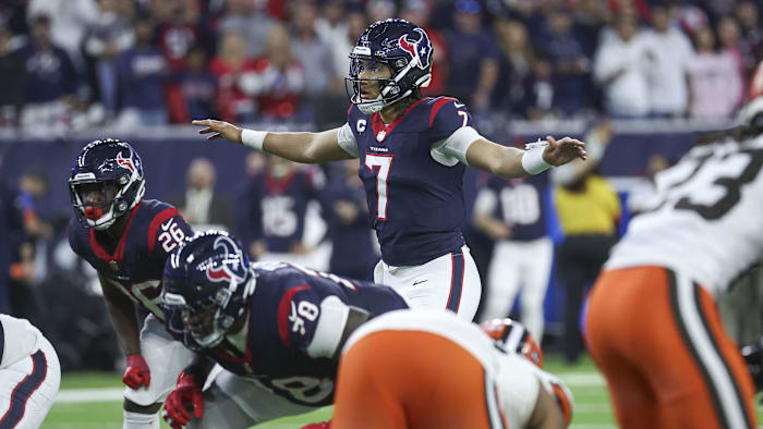 Jan 13, 2024; Houston, Texas, USA; Houston Texans quarterback C.J. Stroud (7) at the line of