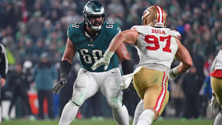 Philadelphia Eagles offensive tackle Jordan Mailata (68) blocks against San Francisco 49ers defensive end Nick Bosa (97) at Lincoln Financial Field. 