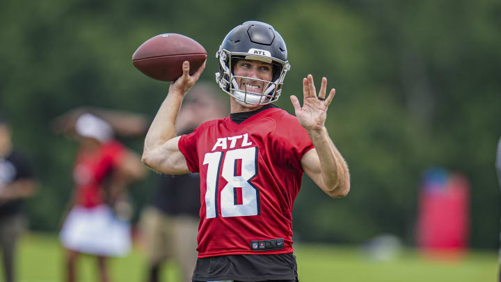 Jun 3, 2024; Atlanta, GA, USA; Atlanta Falcons quarterback Kirk Cousins (18) shown in action on the field during Falcons OTA at the Falcons Training facility. Mandatory Credit: Dale Zanine-USA TODAY Sports