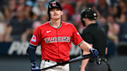 Jul 5, 2025; Cleveland, Ohio, USA; Cleveland Guardians first baseman Kyle Manzardo (9) reacts after striking out to end the game against the Detroit Tigers at Progressive Field. Mandatory Credit: Ken Blaze-Imagn Images